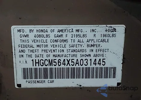 2005 Honda Accord 2.4 Lx z USA, uszkodzony, nr VIN 1HGCM564X5A031445